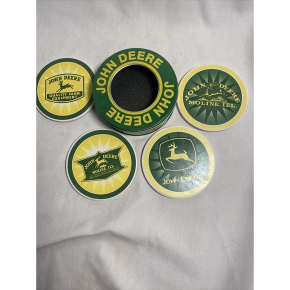 John Deere Tractor Absorbent Stone Bar Glass Coaster Set 4 Canister Holder - Picture 2 of 11
